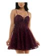 B DARLIN Womens Burgundy Zippered Mesh Insert Padded Cups Floral Spaghetti Strap Sweetheart Neckline Short Party Fit + Flare Dress Supply