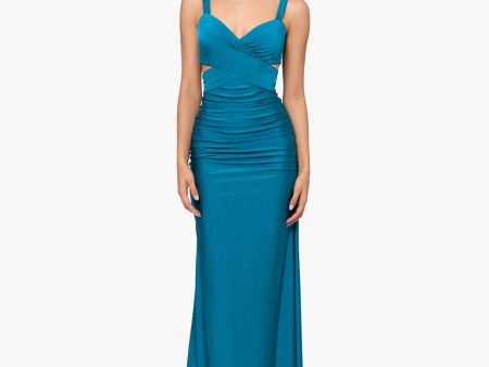 BLONDIE NITES Womens Teal Ruched Zippered Tie Open-back Cutout Sides Lined Sleeveless V Neck Full-Length Formal Gown Dress Discount