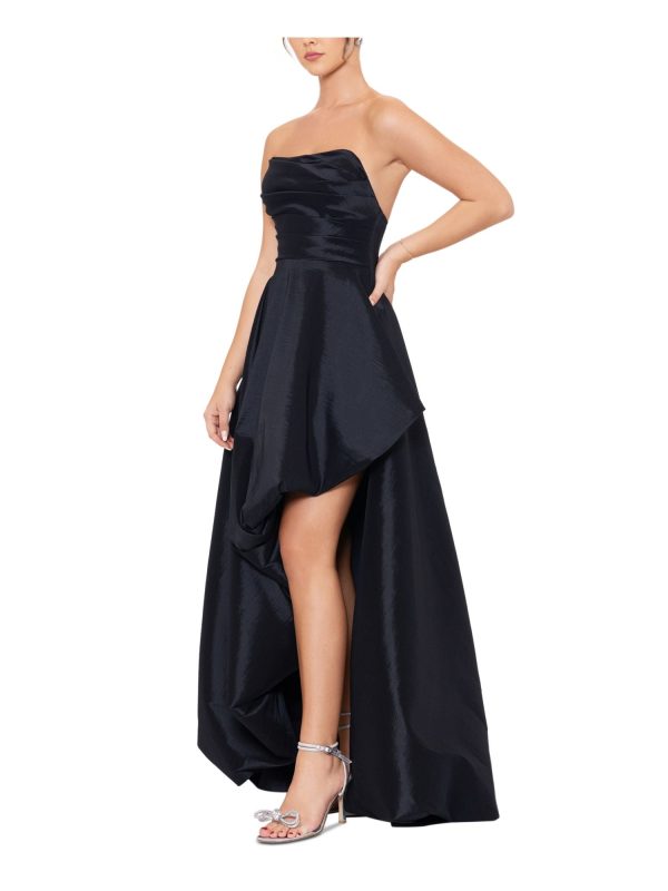 BLONDIE NITES Womens Black Pleated Zippered Boned Bodice Hi-lo Hem Lined Sleeveless Strapless Full-Length Prom Gown Dress For Sale