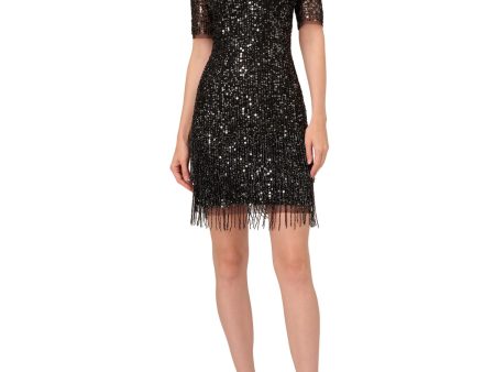 ADRIANNA PAPELL Womens Black Zippered Lined Beaded Fringe Hem Elbow Sleeve Crew Neck Above The Knee Cocktail Sheath Dress Online now