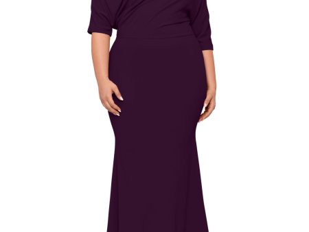 BETSY & ADAM Womens Purple Zippered Lined Gathered Dolman Sleeve Asymmetrical Neckline Full-Length Evening Gown Dress Discount