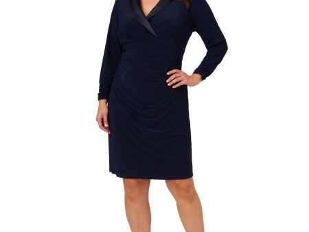 ADRIANNA PAPELL Womens Navy Pleated Zippered Lined Long Sleeve Surplice Neckline Above The Knee Wear To Work Sheath Dress Online Sale