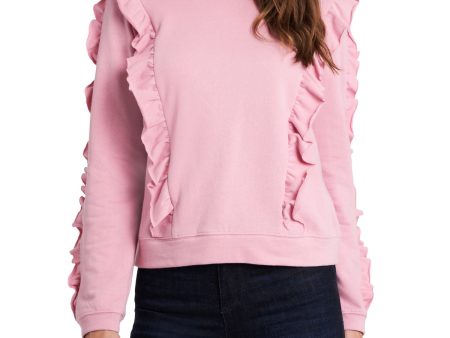 1. STATE Womens Pink Ruffled Long Sleeve Crew Neck Sweatshirt Discount