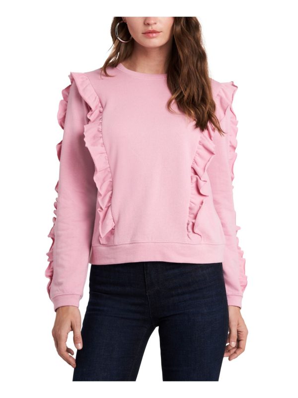 1. STATE Womens Pink Ruffled Long Sleeve Crew Neck Sweatshirt Discount